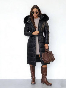 Дамско дълго яке с пухкава качулка K00503